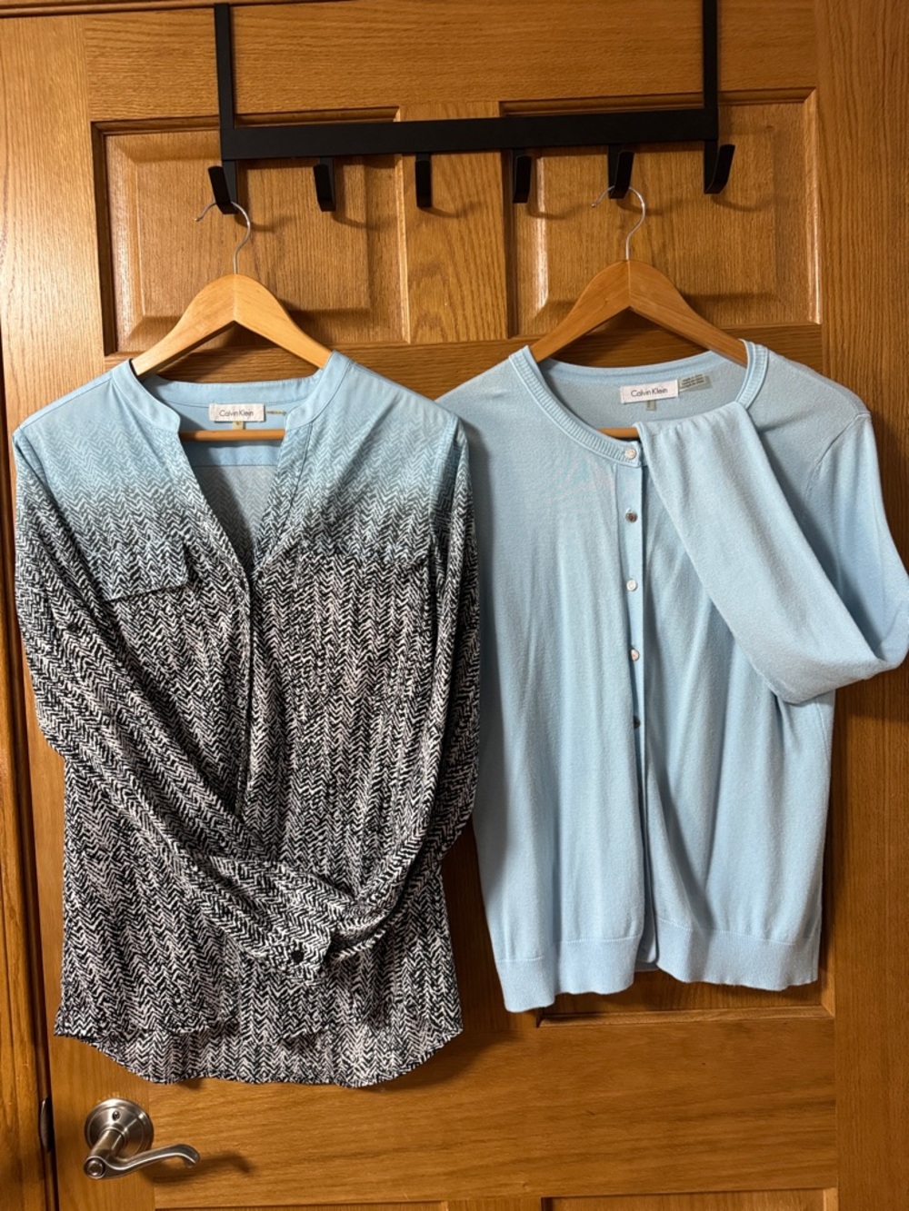 Calvin Klein Light Blue Cardigan and Black-White Ombre Blouse